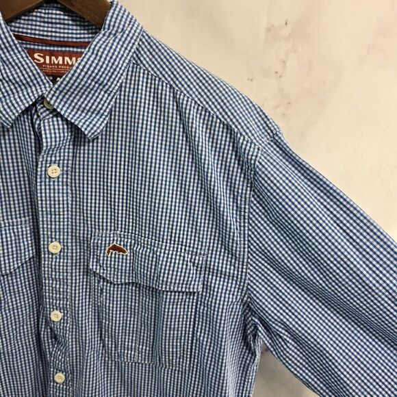 Simms Shirt Mens Medium Blue White Plaid Button Up Long Sleeve Gingham Cotton - Picture 12 of 12